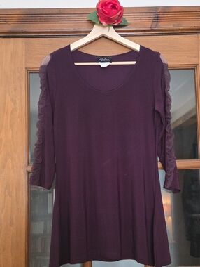 Artex Fashions - Plum Ruffle-Sleeve Women’s Blouse w Mesh & Side Slits Size S